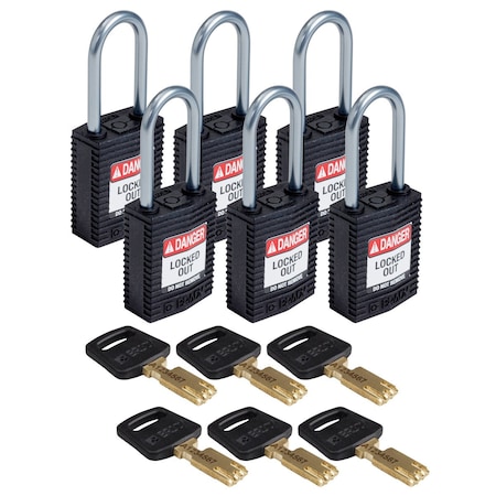 Compact SafeKey Key Retaining Nylon Padlock 1.5 In Aluminum Shackle KD Black 6PK